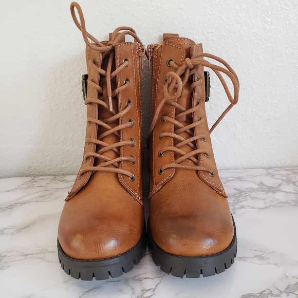 Womens Brown Cognac Combat Boots - Picture 2 of 7